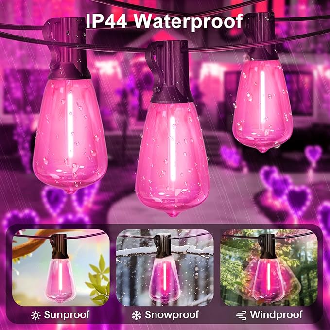 LAMPHOME 26Ft ST38 Outdoor String Lights, Pink Patio Lights, Connectable Waterproof Shatterproof LED String Lights for Outside Valentine's Day Wedding Garden Backyard Deck Porch Christmas Party Decor
