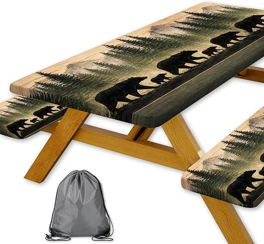Picnic Table Cover with Bench Covers and Bag, Forest Mountain Bear Wooden Waterproof Windproof, Fitted Tablecloth Cover with Elastic Edge, for Indoor & Outdoor, Garden, Camping, 3 PCS 30x60 Inch