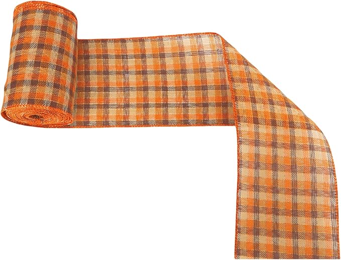 Meseey 4 Inch x 10 Yards Orange Brown Beige Plaid Wired Ribbon, Fall Burlap Wired Edge Ribbons for Large Wreaths, Big Bows, Gift Wrapping, Thanksgiving & Halloween Outdoor Decor (Brown/Orange)