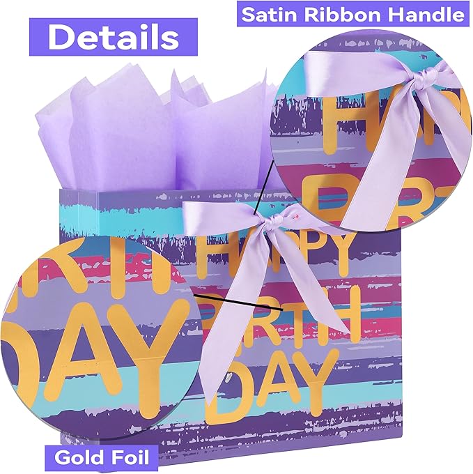 13" Large Purple-blue Multicolor Watercolor Gift Bag Set with Greeting Card and Lavender Tissue Papers (Gold Foil ‘Happy Birthday’) for Women's or Men's Birthday Party, Girls', Boys' or Kids' Party,