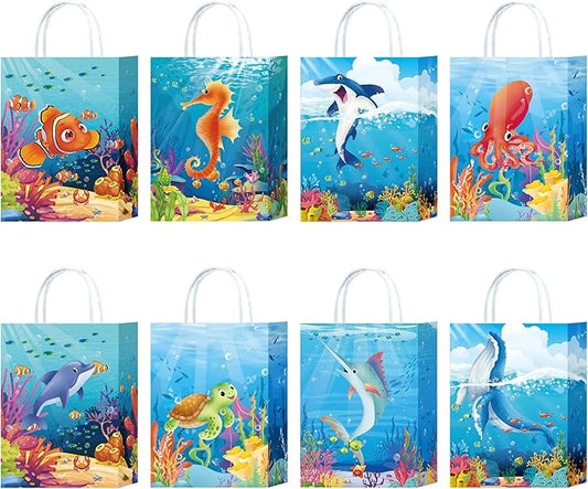 W WINTMING 16PCS Sea Animals Party Gift Bags with Handles Ocean Goodie Bags Under the Sea Party Favor Bags Paper Candy Bags Summer Party Treat Bags Gift Wrap Bags for Birthday Party Decoration
