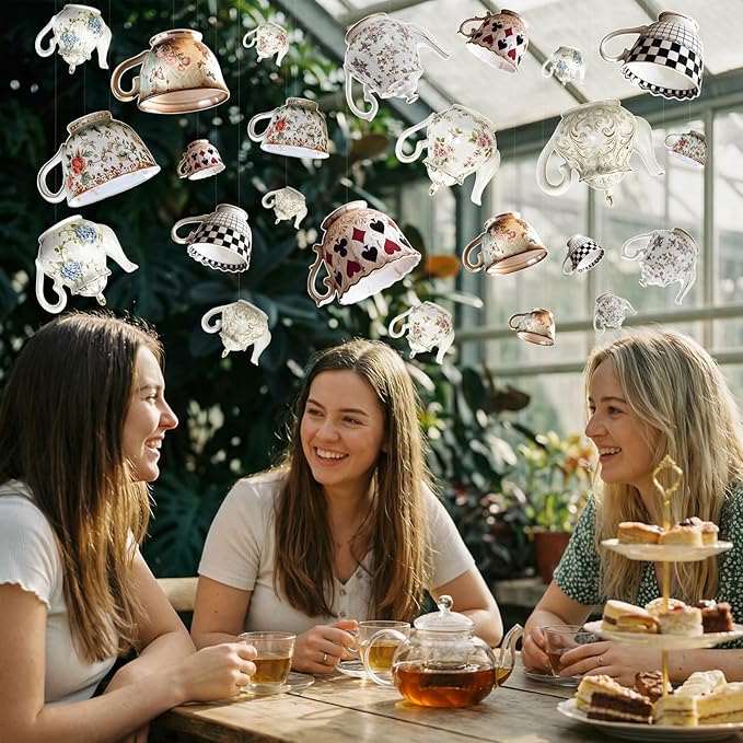24pcs Tea Party Hanging Decorations, Teapot and Teacup Paper Garland Banner, 3 Sizes Wonderland Style Decor for Onederland Birthday and Baby Shower