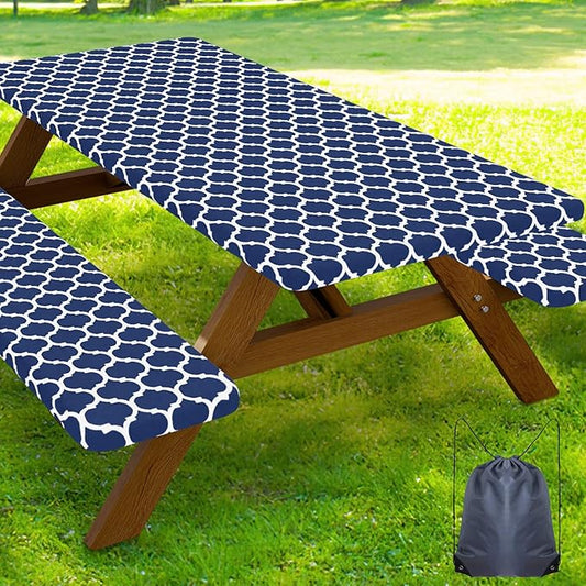 Smiry Picnic Table Cover with Bench Covers, Waterproof Elastic Fitted Tablecloth for 8 Foot Tables, Washable Polyester Tablecloths for Camping, Indoor & Outdoor (Navy, 30x96 Inch 3-pc Set)