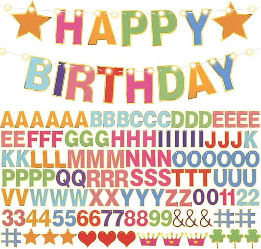 TaoBary 143 Pcs DIY Letter Banner Customizable Happy Birthday Supplies Make Your Own Banner Include Letters, Numbers Symbol Rope Needles for Baby Shower Wedding Bachelor Party Decorations(Multicolor)