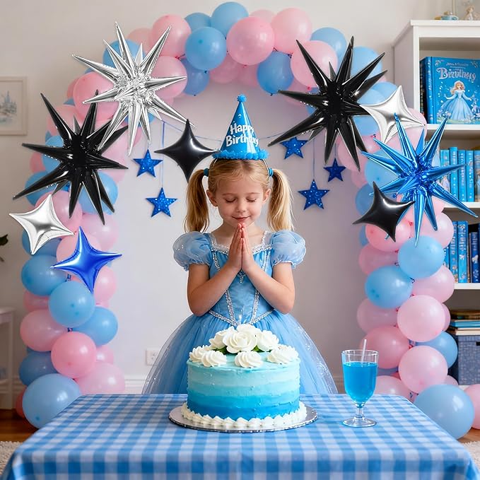 TONIFUL 22Inch 18Pcs Black Blue Silver Explosion Star Mylar Balloons and 10Inch Four Pointed Star Balloons Set for Christmas New Year Birthday Wedding Bridal Shower Anniversary Photo Booth Supplies