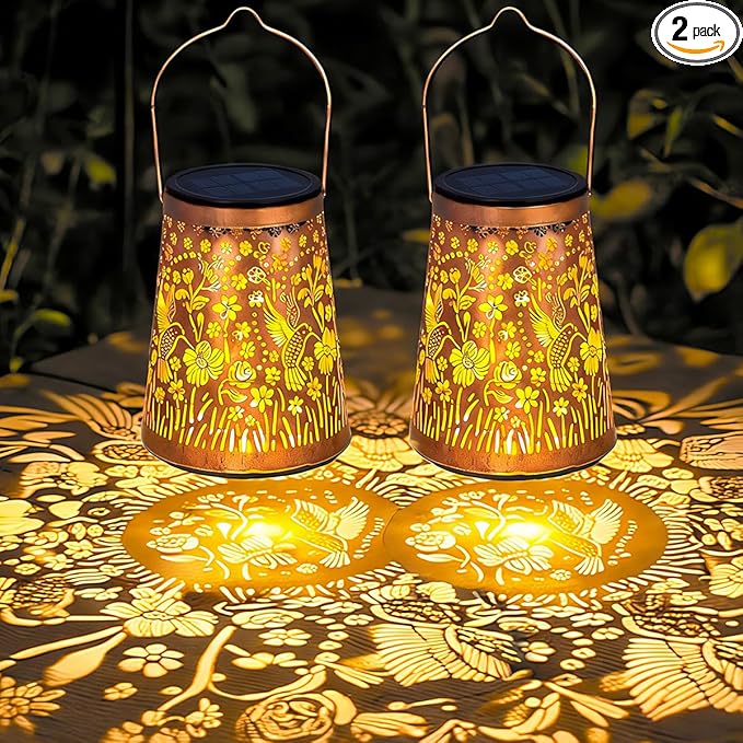 LeiDrail Hummingbird Solar Lanterns Outdoor 2 Pack, Hanging Waterproof Vintage Metal Lantern, Auto On/Off Garden Patio Yard Porch Pathway Decor, Warm White LED, Gifts for Women Mom Grandma