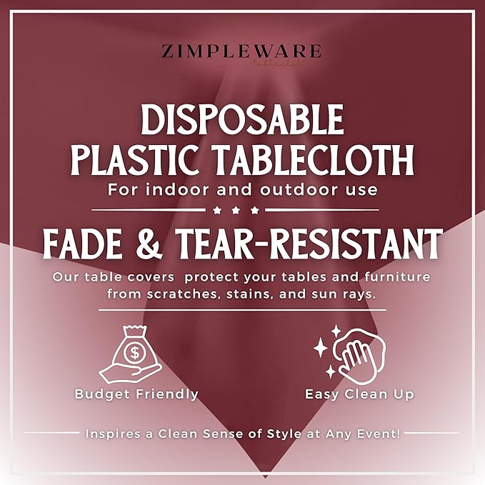 ZIMPLEWARE Premium Burgundy Plastic Table Cloth Disposable (6 Pk) Plastic Tablecloths for Rectangle Tables (54in x 108in) Party Table Cloths Disposable for 6ft to 8ft Rectangle Tables