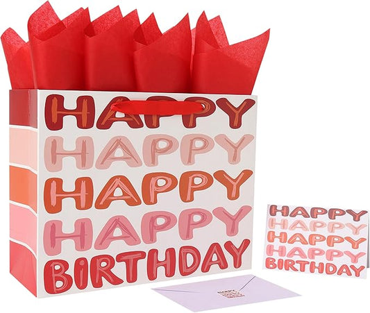 Qirrmiy 13'' Large Red Happy Birthday Gift Bag Set with Handles, Greeting Card, Tissue Papers and Stickers for Women Girls Kids Teens, Words Design, 1 Pcs
