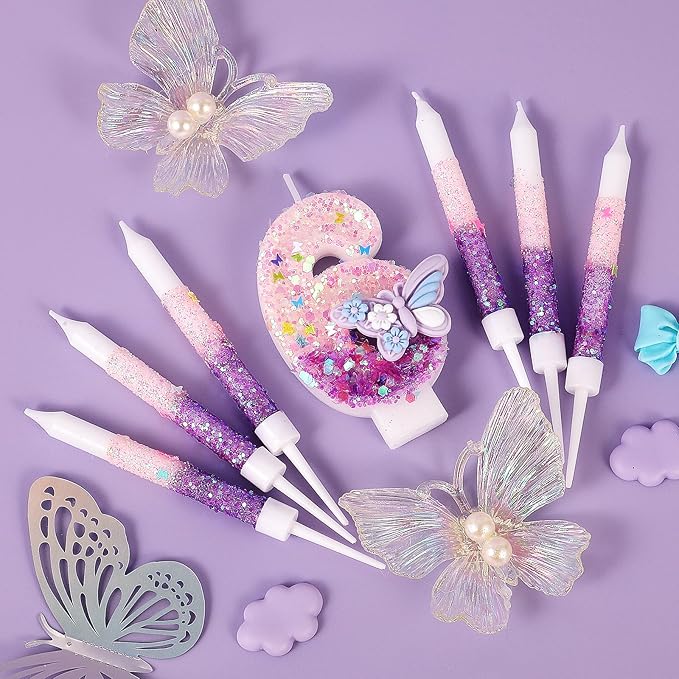 AKURIEEY Butterfly 6th Birthday Candle Purple Number 6 Candle with 6 Pcs Long Candles for Girls Cake Topper Cupcake Decor Party Decoration Anniversary Celebrations Supplies