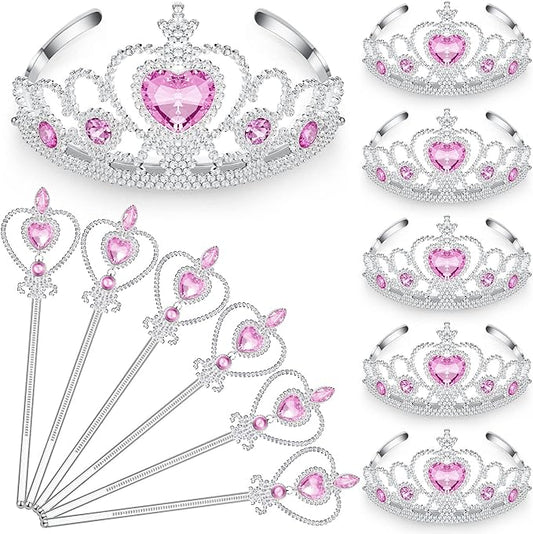 Chalyna 12 Pcs Princess Crowns Tiara Wand for Little Girl Silver Heart Jewel Plastic Tiara Winter Gift for Birthday(Pink,Heart Style)
