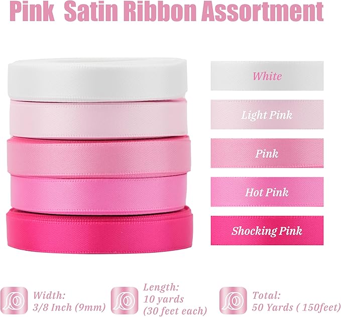 MAYREEL 3/8 Inch Pink Satin Ribbon Baby Pink Ribbon for Gift Wrapping Valentine's Day Crafts Wedding Bridal Shower Decorations 5 Rolls Assortment 10 Yards Each Color Total 50 Yards