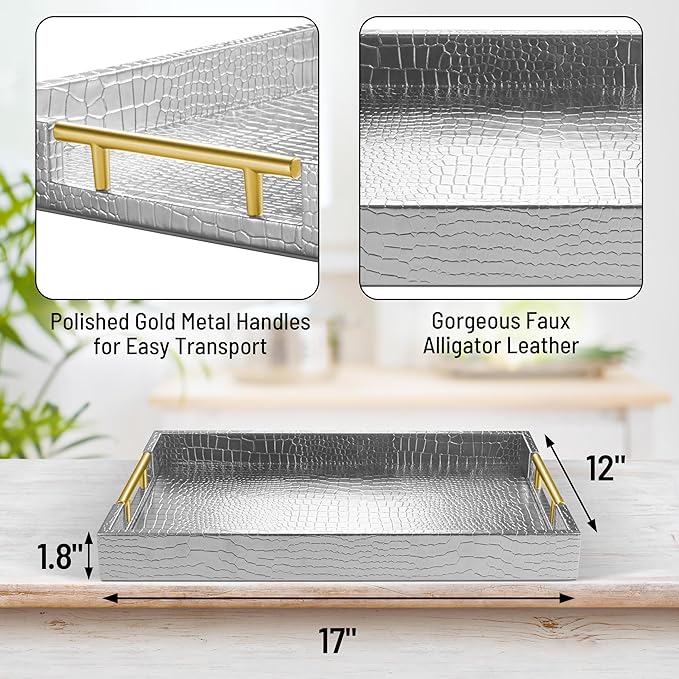 ATZYmolin 17" x 12" Wood Serving Tray with Gold Polished Metal Handles, Home Decorative Wooden Rectangle Ottoman Leather Decor Platter Bathroom Vanity Tray for All Occasions Alligator Silvery