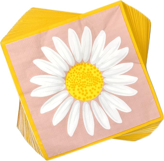 Gift Boutique Daisy Flower Party Supplies Tableware Set 9" 7" Paper Plates Cups Napkins Floral Summer Spring Groovy Birthday Disposable Dinnerware Serves 24