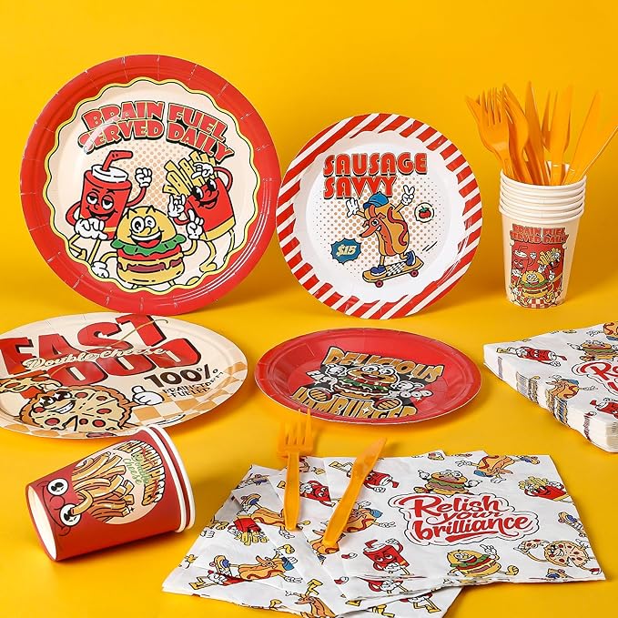 144Pcs Food Birthday Party Supplies Decorations Hamburger Fried Chicken Fries Themed Paper Plates Napkins Vintage Party Tableware Disposable Dinnerware for Boy Kid Birthday Table Decor, Serve 24