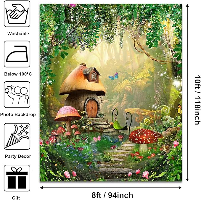 Mocsicka Enchanted Forest Backdrop Fairy Garden Tale Wonderland Mushroom House Butterfly Woodland Spring Photography Background Baby Shower Birthday Party Photo Studio Shoot (10x8ft)