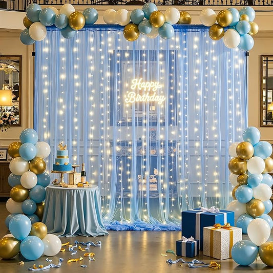10×15ft Baby Blue Sheer Tulle Backdrop Curtains with Lights String for Parties Baby Shower Decorations for Boy Bridal Shower Birthday Party Photo Shoot Background Wall Decorations 2 Panels 5×15ft