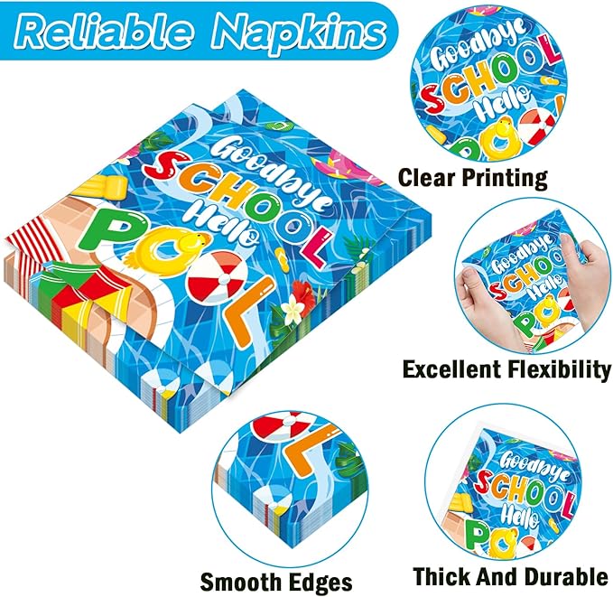 Qyeahkj 100 Pcs Pool Party Decoration for Goodbye School Hello Pool Paper Plate Napkin End of School Year Dinnerware Table Supplies Summer Vacation Graduation Birthday Party Tableware Decor Serves 25