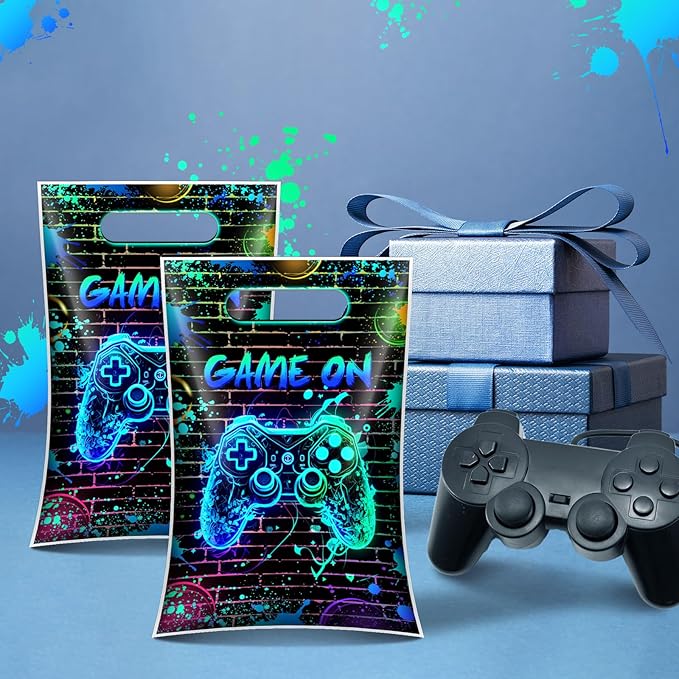 50 Pcs Video Game Birthday Plastic Goodie Bags With Handles Gamer Treat Favor Plastic Gift Bags for Boy Gaming Birthday Party Decorations