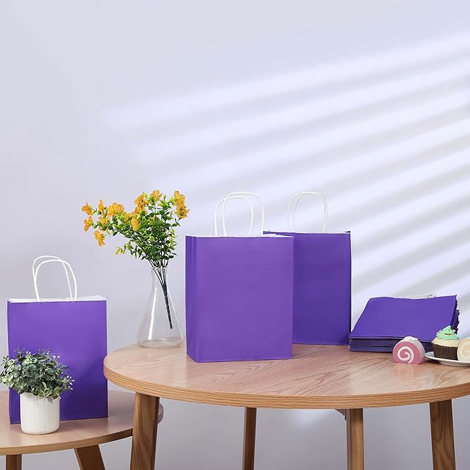 SUNCOLOR 25 Pack Purple Gift Bags with Handles – 8x4.5x10 Medium Bags for Shopping, Retail, DIY, Wedding, Party Favors & Special Occasions