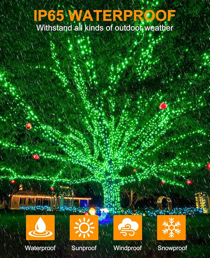 197FT 600 LED Christmas Lights Outdoor, Plug in Green Christmas Tree Lights with 8 Modes & Waterproof, Connectable Green Wire String Lights for Outside Indoor House Garden Yard Party Holiday Decor