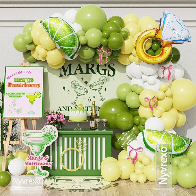 Margs and Matrimony Bachelorette Balloon Garland Arch Kit, 154Pcs Dusty Green and Yellow Lemonade Martini Balloons for Bridal Shower Last Single Celebration Wedding Birthday Party Decorations