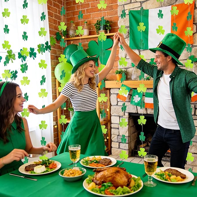 40Ft Glitter Shamrock Clover Garland St. Patrick's Day Decor Light Dark Green Hanging Streamer for Irish Lucky Spring Party Home Office Decor Supplies