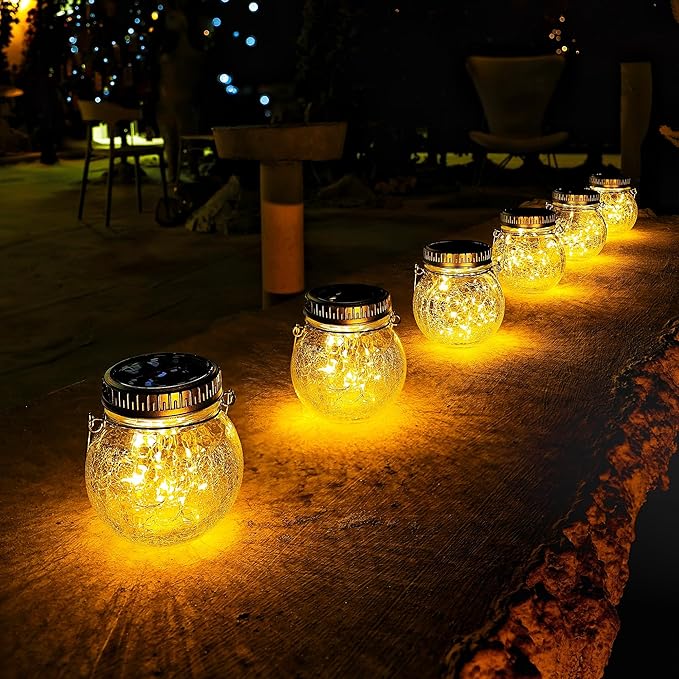 Cooo 12 Pack Crackle Glass Solar Lantern with 30 LED Firefly Lights– Waterproof Outdoor Hanging Lamp 215% Larger Solar Panel, Anti-Rust Lids Decorative Lighting for Garden Patio Table