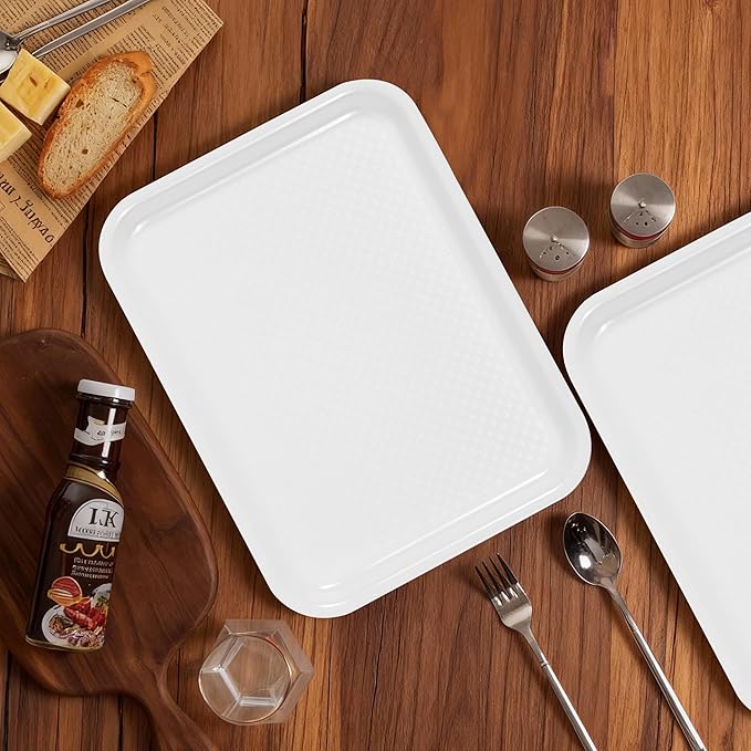 White Serving Trays Set of 2, 14.5" x 11" Melamine Rectangular Food Trays with Raised Edges, Non-slip Heavy Duty Platters for Restaurant, Party, Home Kitchen Large Trays, Commercial Grade Trays