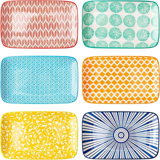 KitchenTour Rectangular Serving Platter, 8 inch Ceramic Dinner Plates Serving Trays Set of 6 for Salad, Appetizers, Sushi, Fruit, Microwave and Dishwasher Safe
