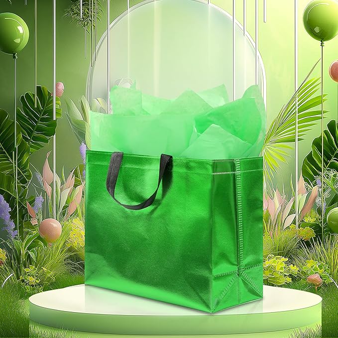 KeerxunBag 12Pcs Reusable Gift Bags（Includes Tissue Paper） Gift bag with handle Birthdays Parties Holidays Weddings Medium 13x5x11in Green Gift Bags