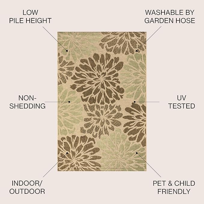 JONATHAN Y Floral Textured Weave Indoor Outdoor Square Area Rug 5X5 Sage/Brown, Zinnia Modern for Backyard, Patio, Porch, Easy-Cleaning, High Traffic, Pet-Friendly, Non-Shedding (SMB110A-5SQ)