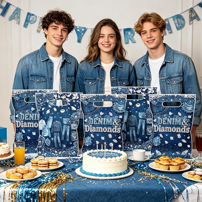 MOIZYNG 50Pcs Denim and Diamonds Gift Bags with Handles, Blue Jacket Jeans Plastic Candy Treat Goodie Bags for Bridal Shower Bachelorette Wedding Birthday Party Favors Supplies