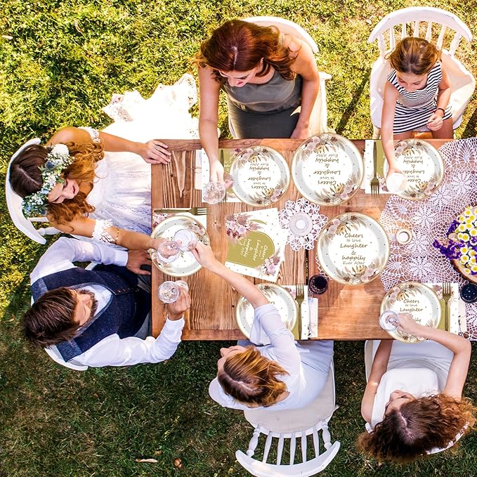 OBUSATT Boho Bridal Shower Party Supplies: 96Pcs Boho Floral Wedding Paper Plates, Napkins, Forks - Disposable Party Decorations for Engagement, Birthday, Wedding Parties