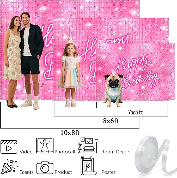 Pink Happy Birthday Backdrop 10x6 FT Polyester Girls Women Photography Background Flash Square Glitter Shimmer Wall Backdrop Photo Booth Props Decoration Party Banner