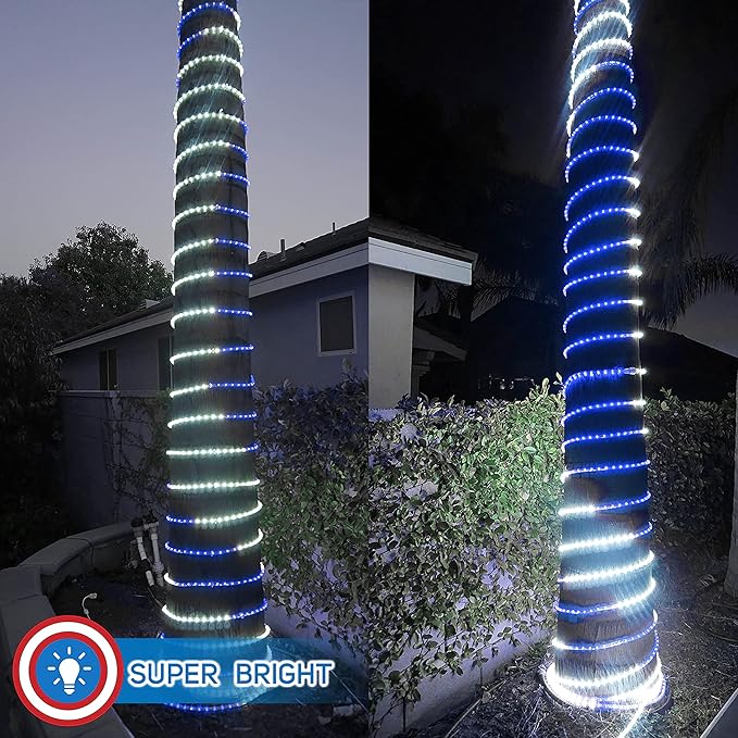 Russell Decor 50ft White Blue LED Rope Lights with 4-Level Dimmable Controller Outdoor Decorative Lighting for Christmas Winter Snow wedding Party Theme