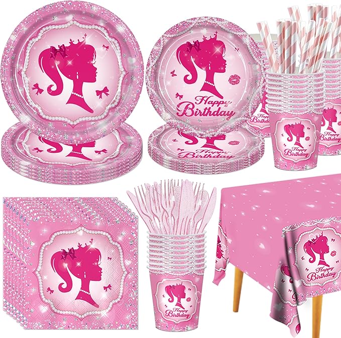 161CT Pink Girl Babe Happy Birthday Party Supplies Babe Head Paper Plates Cups Straw Napkins Spoon Fork knives Tablecloth Hot Pink Girl Party Decorations Tableware for 20 Guests for Bday Baby Shower