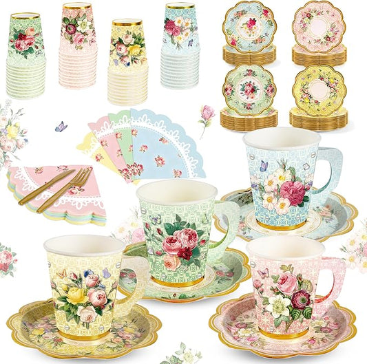 140PCS Spring Tea Party Decorations, Floral Paper Tea Cups & Saucer Set, Disposable Floral Cups With Handle Napkins Plates Knives Forks for Girls Kids Afternoon Tea Birthday, Wedding Party Supplies