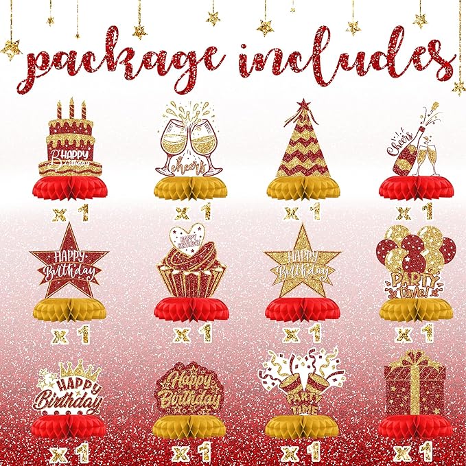 Red and Gold Birthday Decorations – 12PCS Honeycomb Table Centerpieces for Men Women Adults – Happy Birthday Table Decor Party Supplies