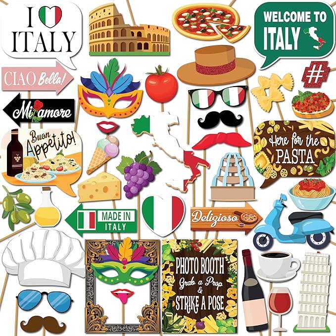 Italian Photo Booth Props - 41-pc Photobooth Kit with 8 x 10-Inch Sign, 60 Adhesive Pads, 45 Sticks - Italian Party Decorations - Italian Birthday Decorations - Italy Decorations