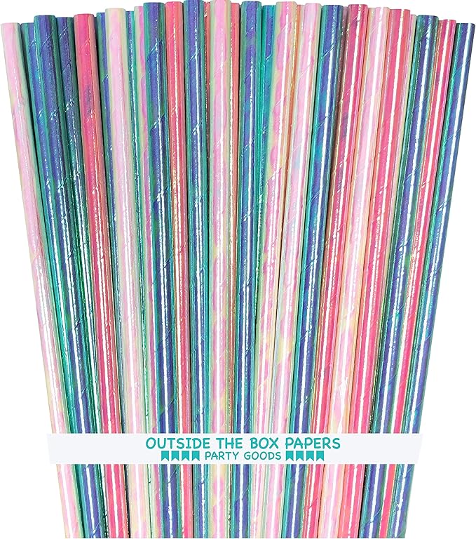 Iridescent Foil Paper Straws - Birthday Party - Valentine Party - Easter - Pink Blue Green White Pearl - 7.75 Inches - 100 Pack