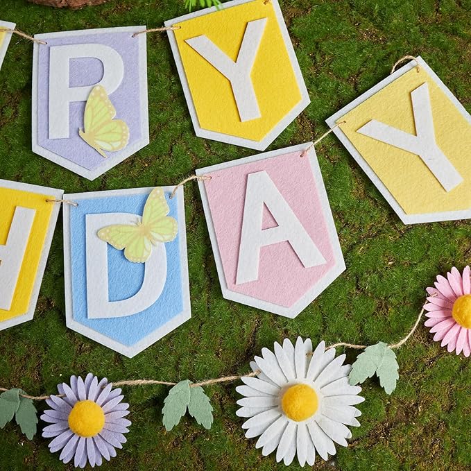 SUNBEAUTY Felt Pastel Happy Birthday Banner Daisy Garland Banner Colorful Floral Green Leaves Garland Daisy Party Decorations for Women Girls Boho Birthday Baby Shower Spring Summer Garden (8.2ft)