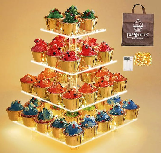 Jusalpha 4 Tier Square Cupcake Stand Serving Tray Acrylic Cupcake Tower - Ideal for Weddings Birthday Parties, Candy Bar Decor (Warm Power Charge : Battery)