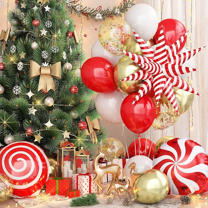 Red and Gold Christmas Balloon Set, 12 Inch Matte Red Metallic Gold Confetti White Latex Balloons with Exploding Star Candy Swirl Lollipop Foil Balloon for Xmas Birthday Baby Shower Party Decorations