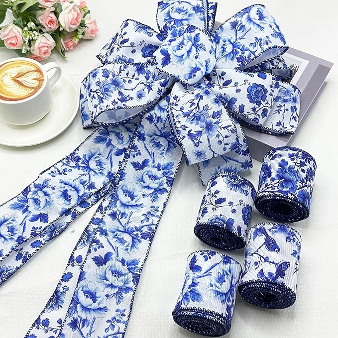 Blue and White Wired Edge Ribbon, 2.5 Inch x 20 Yards Floral Fabric Ribbon for Wreath Bow, DIY Crafts, Gift Wrapping, Wedding, Bridal Shower,4 Rolls (White and Blue)