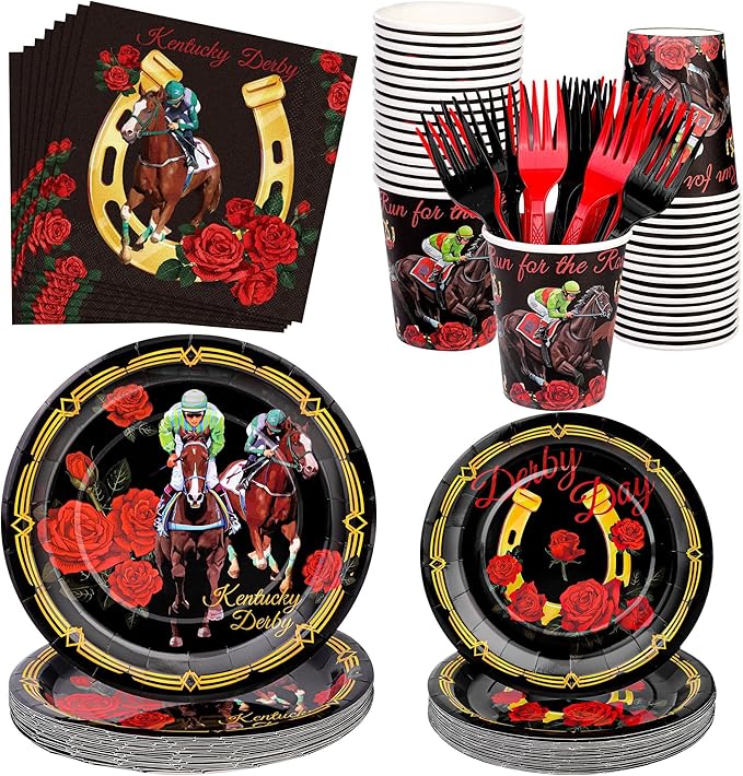 Kochorie 144 Pieces Kentucky Derby Horse Racing Party Tableware Sets Including Disposable Plates Napkins Cups Forks Serves 24 for Derby Day Horse Theme Party Supplies
