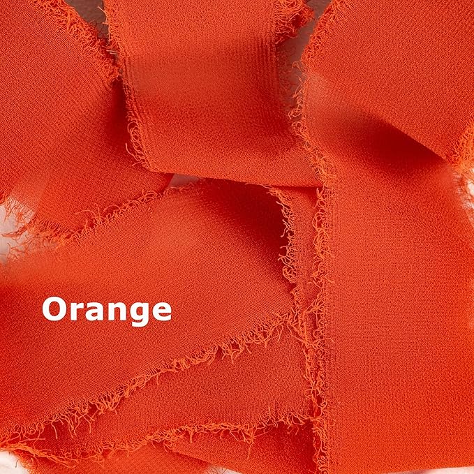 Chiffon Ribbon, Orange Silk Ribbons, Halloween Fall Party Decoration, 1.5''x21Yd Handmade Frayed Fringe Decor for Gift Wrapping, Floral Vase, Crafts, Fall Thanksgiving Decor, Wedding, 3 Rolls