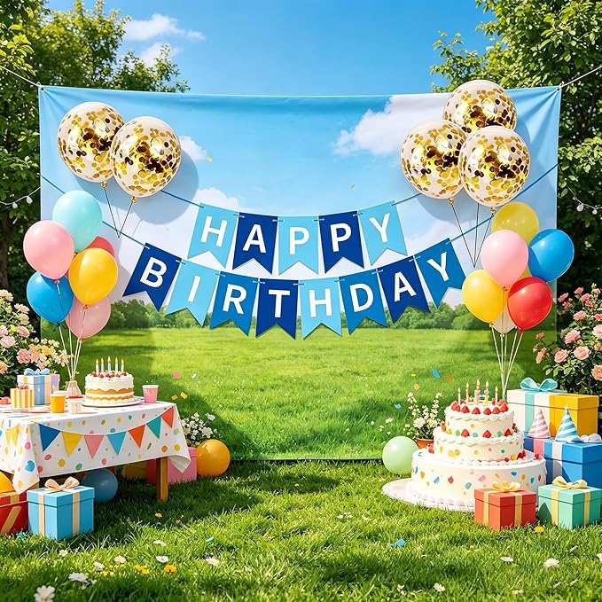 Happy Birthday Banner Sign Bunting Hanging Decorations with Shiny Gold Balloons Birthday Party Sign Decor for Party Supplies(Blue+White)