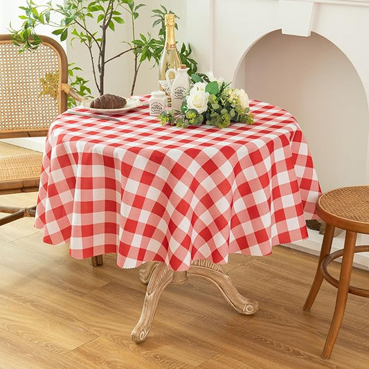 Waterproof Plaid Tablecloth Fabric - Round 90 Inch Classic Gingham Checker Table Cloth for Indoor/Outdoor Use - Buffalo Table Cover for Picnics, BBQs, and Parties