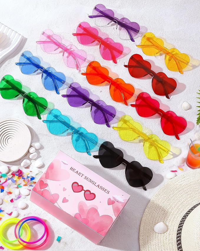 12 Pairs Heart Shaped Sunglasses Candy Color Rimless Fun Heart Glasses for Women Party Favors