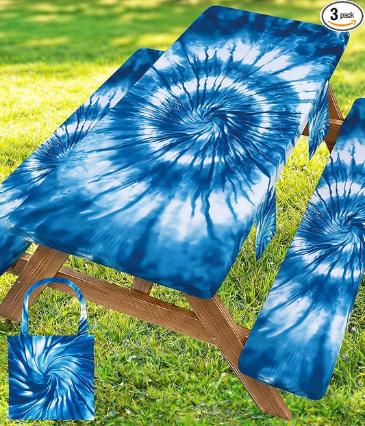 Picnic Table Cover with Bench Covers Camping Essentials Windproof Waterproof Patio Outdoor Tablecloth with Storage Bag, Fitted Rectangle Tables and Seats Tablecover for Rv Owner Camper 72in